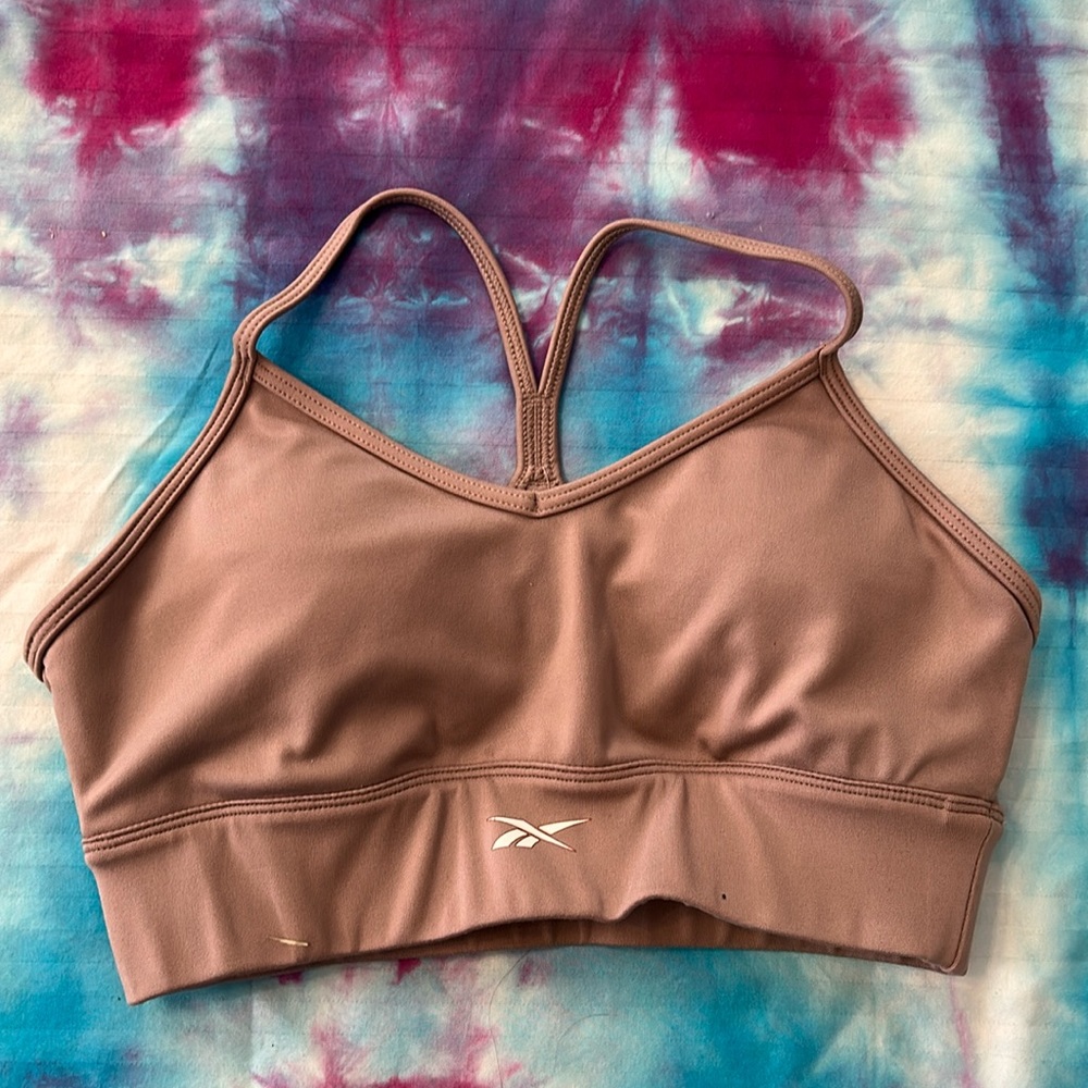 Reebok tan workout ready tri back cut out sports bra size small